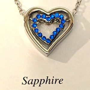NEW September Sapphire 18K White Gold Pl Double Heart Spinner Pendant Necklace